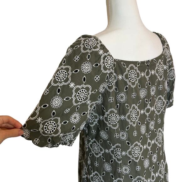 Talbots Green Embroidered Puff Sleeve Dress Size 10 Boho‎ Eyelet Floral Shift - Picture 5 of 9
